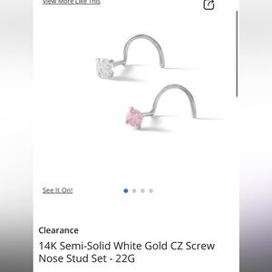 14K Semi-Solid White Gold CZ Screw Nose Stud Set - Pink and White
